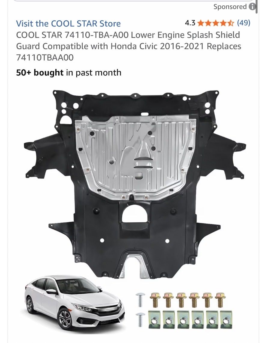 NEW IN BOX COOL STAR 74110-TBA-A00 Lower Engine Splash Shield Guard for Honda Civic 2016-2021, replaces 74110TBAA00