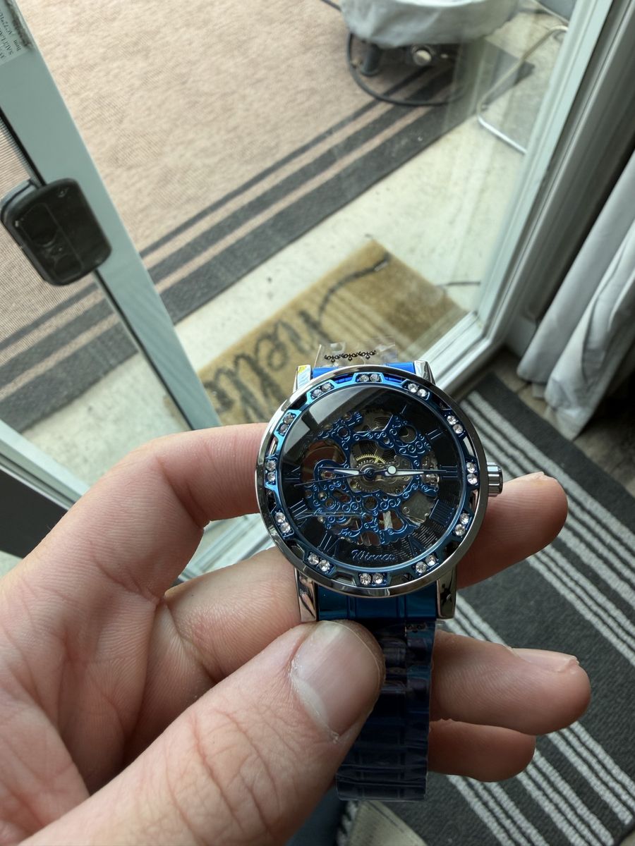 Men’s Luxury Blue Skeleton Watch w/ Crystal Bezel