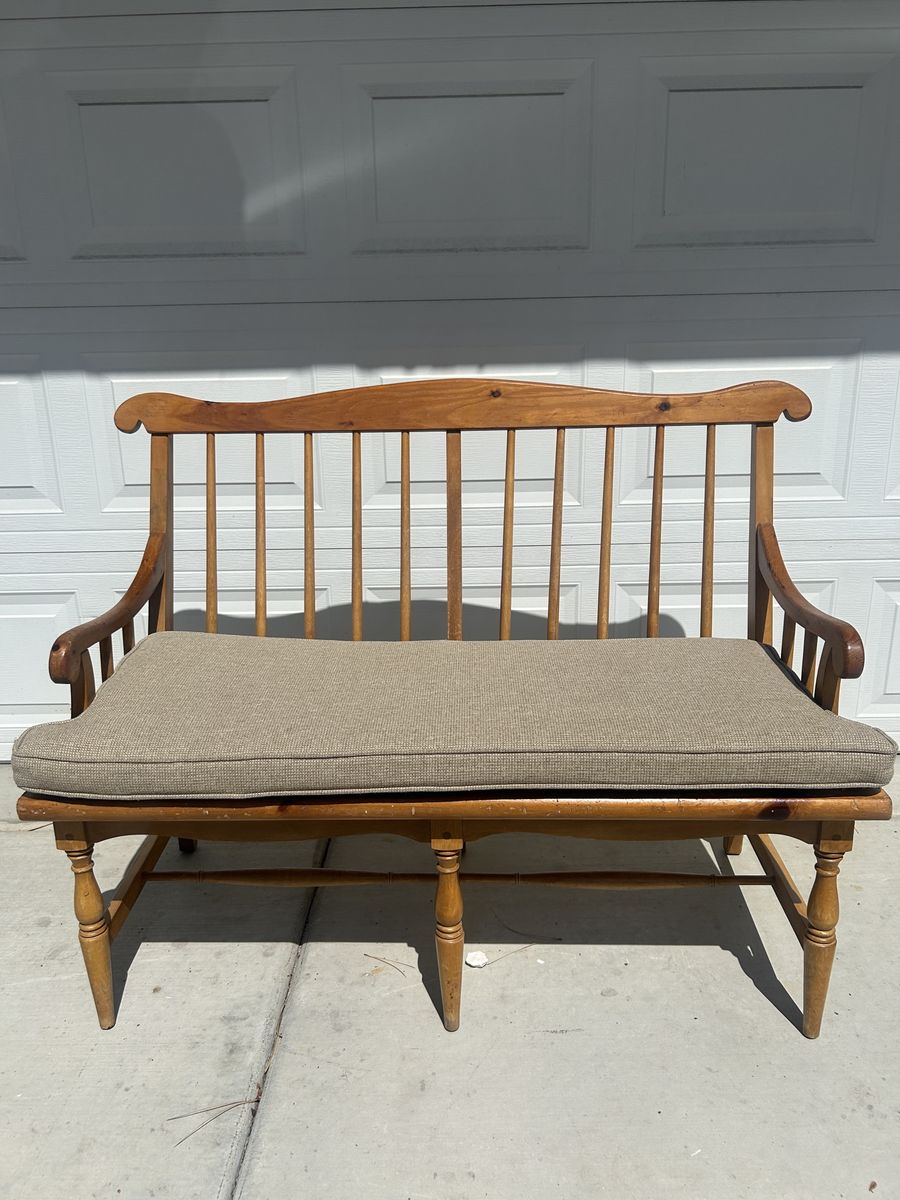 Vintage Wooden Windsor Bench with Removable Cushioned Seat