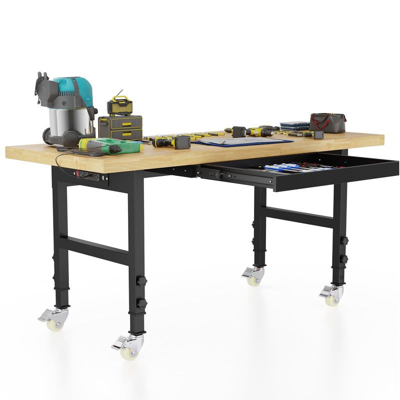 Heavy-Duty Workbench with Casters & Drawer, Adjustable Height, 48-inch Wood Top