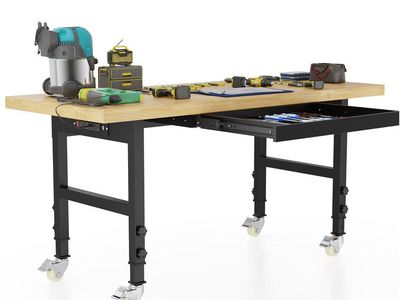 Heavy-Duty Workbench with Casters & Drawer, Adjustable Height, 48-inch Wood Top