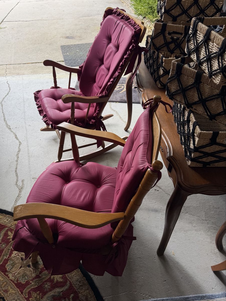 Wooden Rocking Chairs with Burgundy Cushions