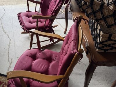 Wooden Rocking Chairs with Burgundy Cushions