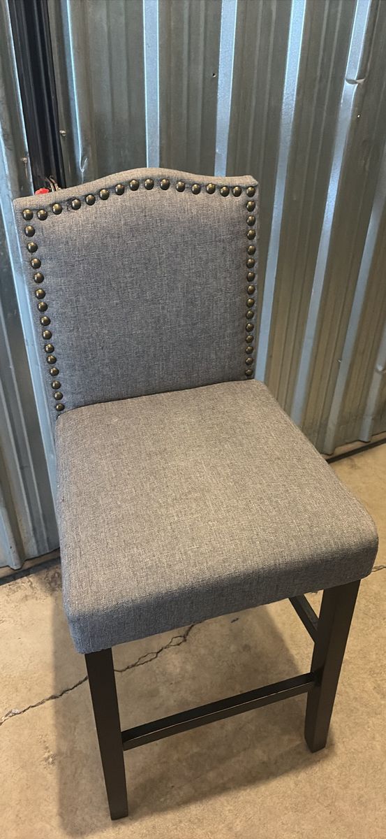 Grey Upholstered Counter Stool with Nailhead Trim