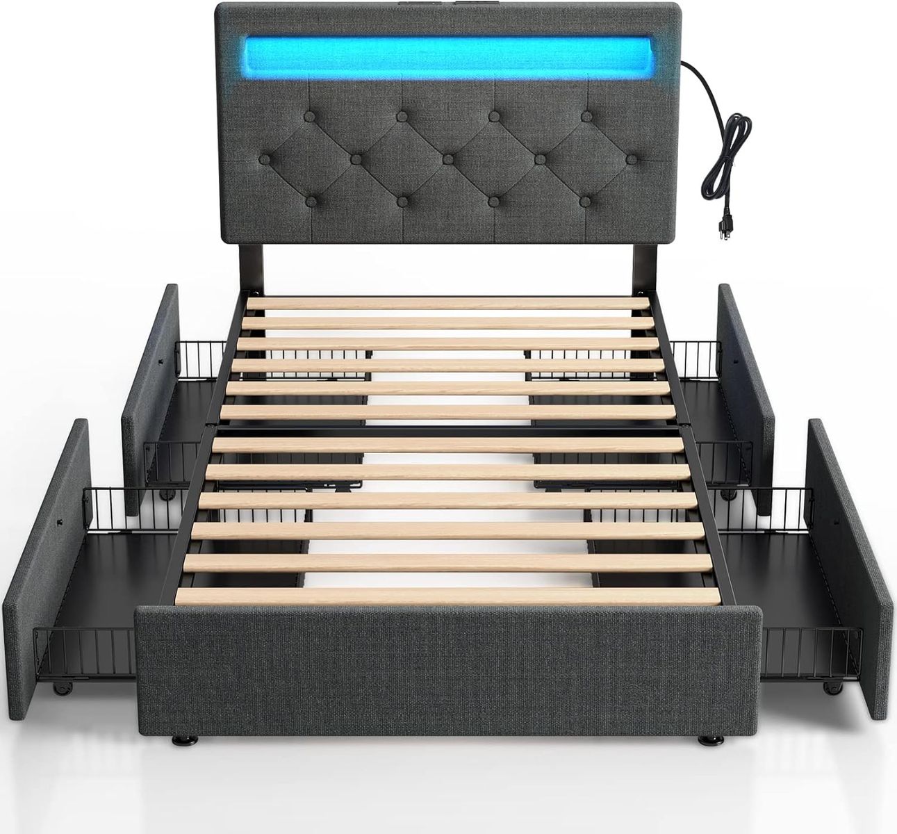 Rolanstar Twin Size Bed Frame with 4 Storage Drawers and Charging Station