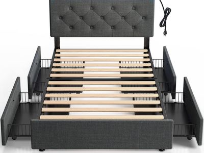 Rolanstar Twin Size Bed Frame with 4 Storage Drawers and Charging Station