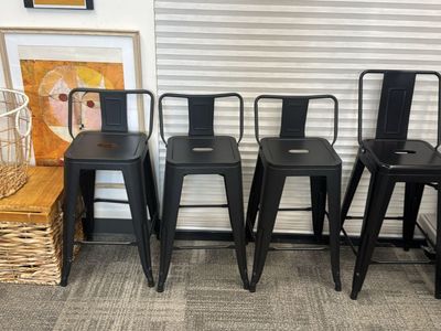 Set of 4 Black Metal Industrial Style Bar Stools with Backrests
