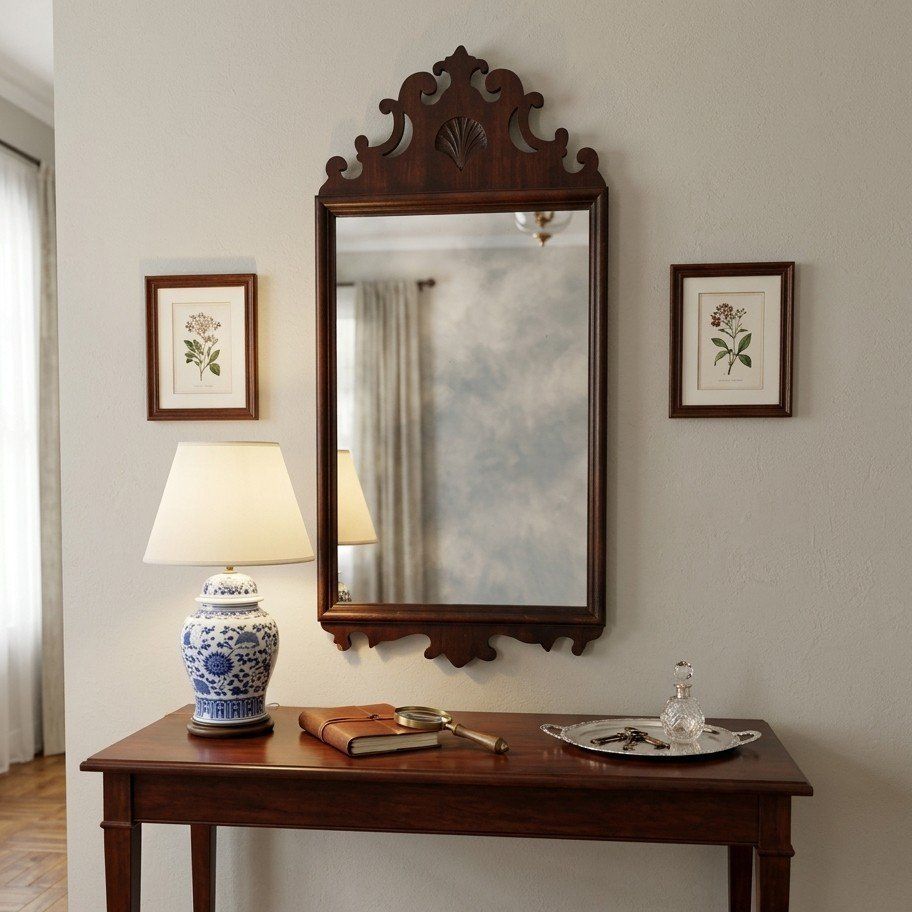 Antique Chippendale Wood Mirror with Shell Detail