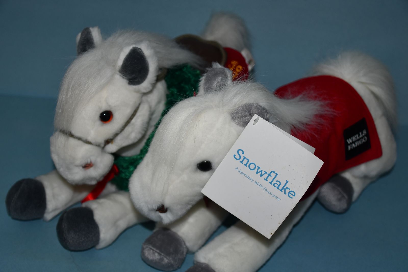 2 NWT VINTAGE WELLS FARGO "CHRISTMAS" STUFFED HORSES ~ GRACE & SNOWFLAKE ~ LENGTH 13" ~  SOFT, CUTE & CLEAN!
