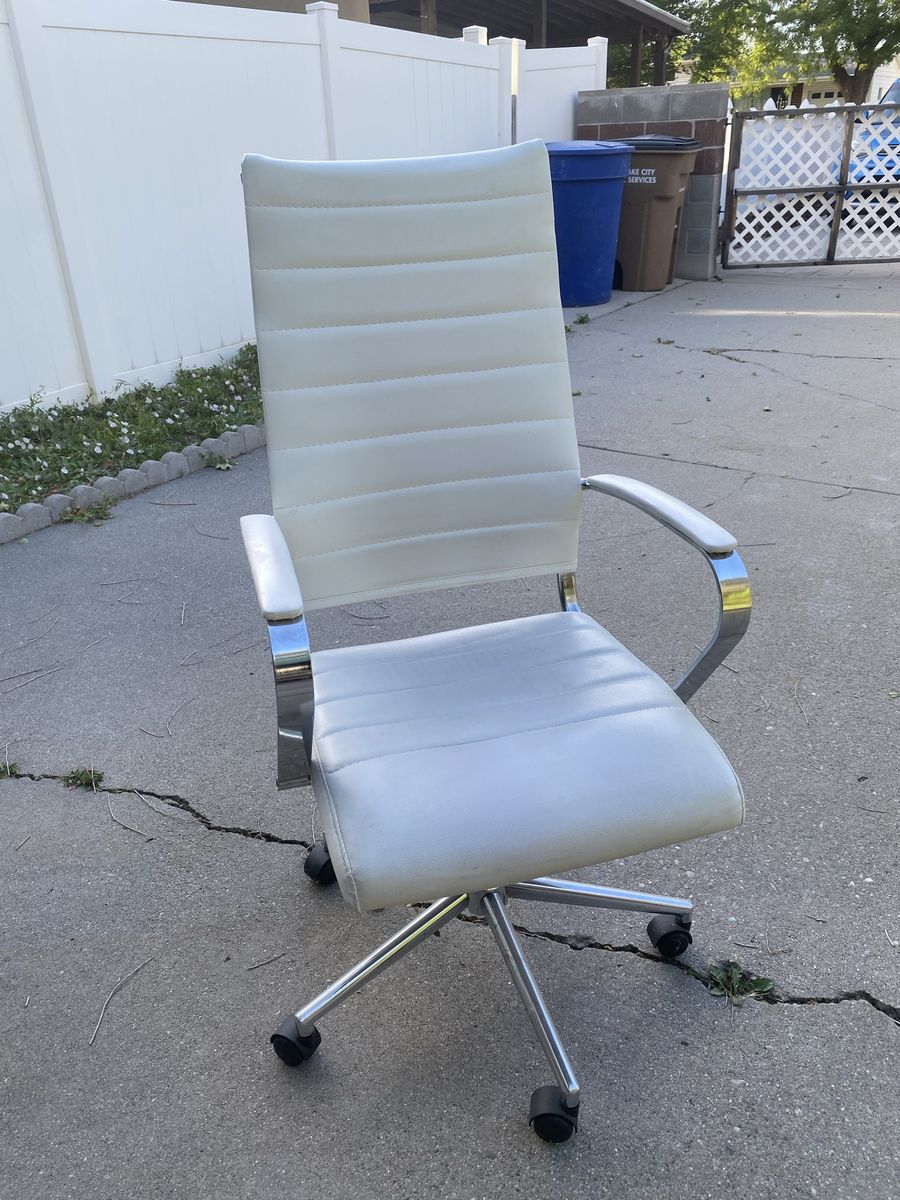 White & Chrome High-Back Executive Swivel Office Chair with Armrests