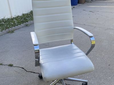 White & Chrome High-Back Executive Swivel Office Chair with Armrests