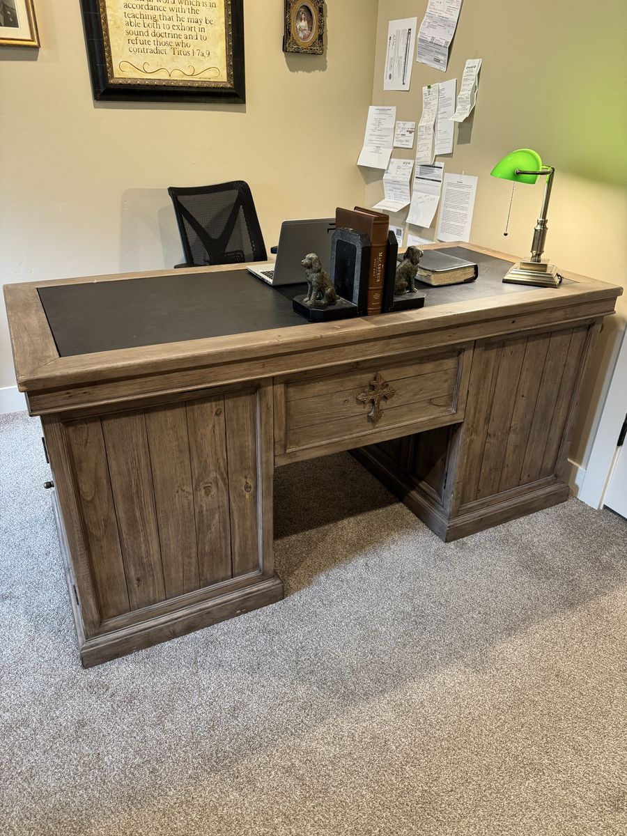 Reclaimed wood leather topped desk