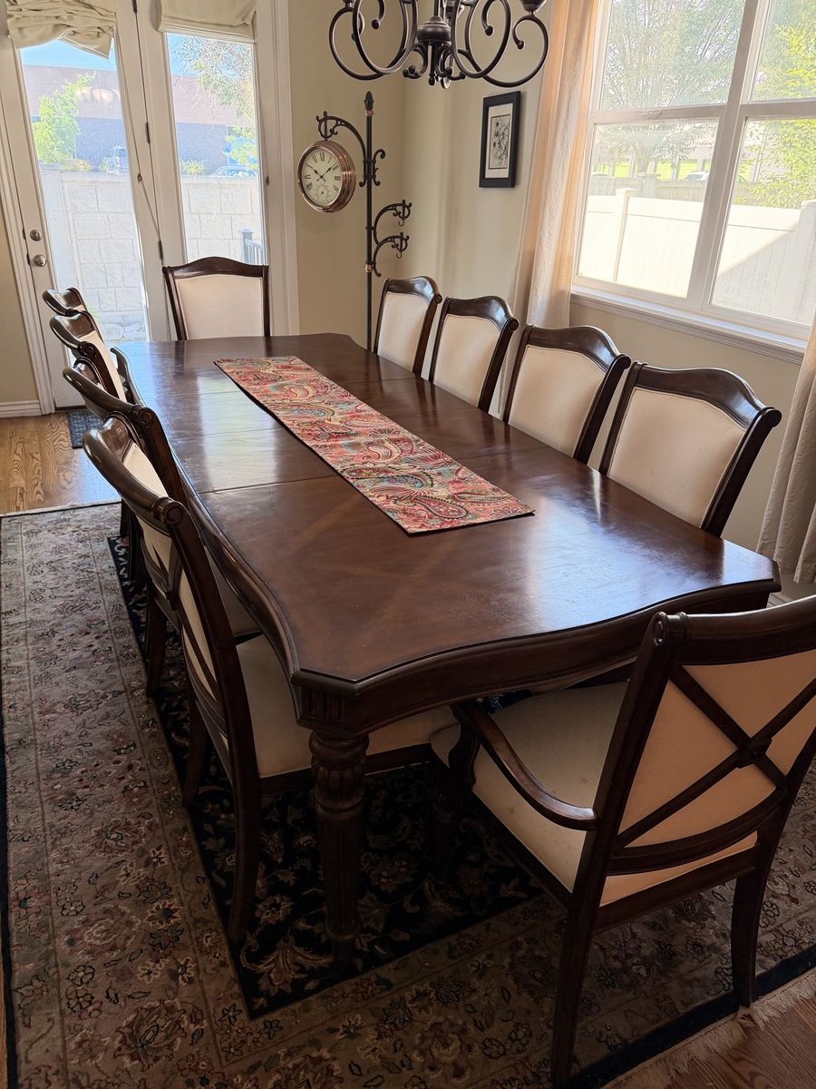 Large Wooden Dining Table with 10 Upholstered Chairs - Elegant Dining Set