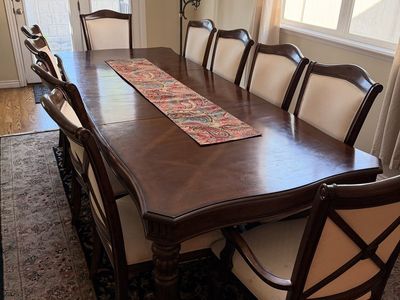 Large Wooden Dining Table with 10 Upholstered Chairs - Elegant Dining Set