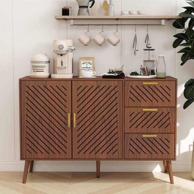 Sideboard Storage Cabinet, Warm Brown Tone With 3 Drawers & Double Doors, Sturdy Stylish