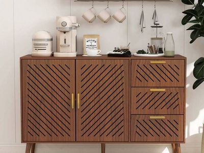 Sideboard Storage Cabinet, Warm Brown Tone With 3 Drawers & Double Doors, Sturdy Stylish
