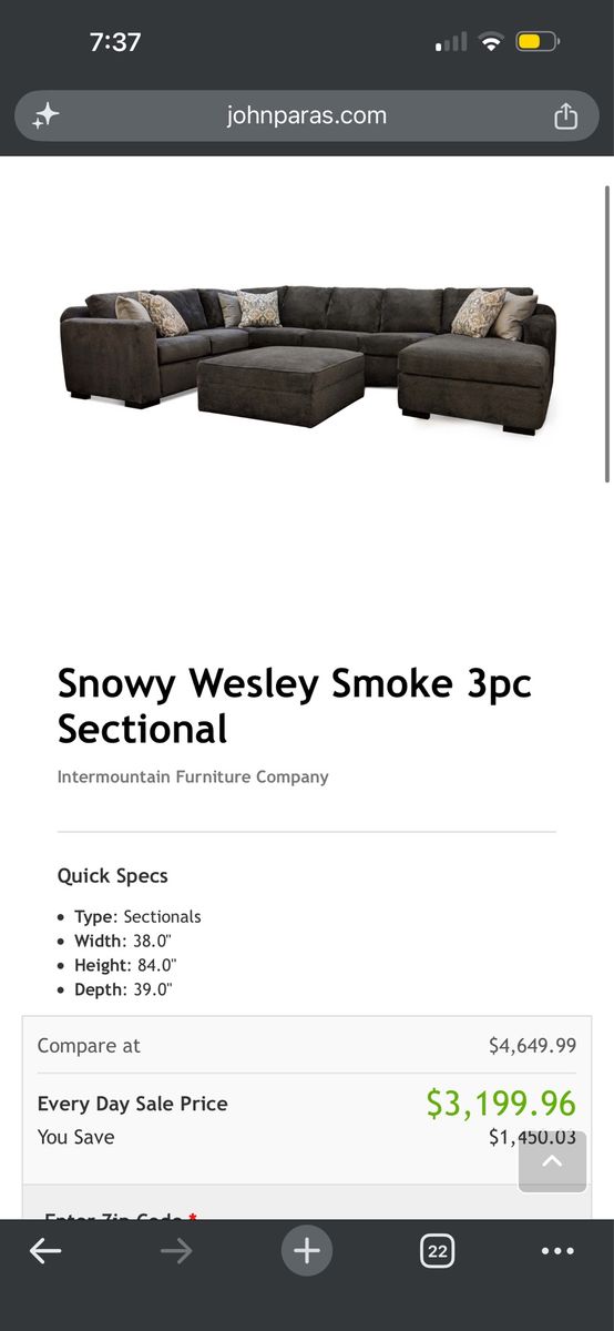 Snowy Wesley Smoke 3-Piece Sectional – $1,800 OBO