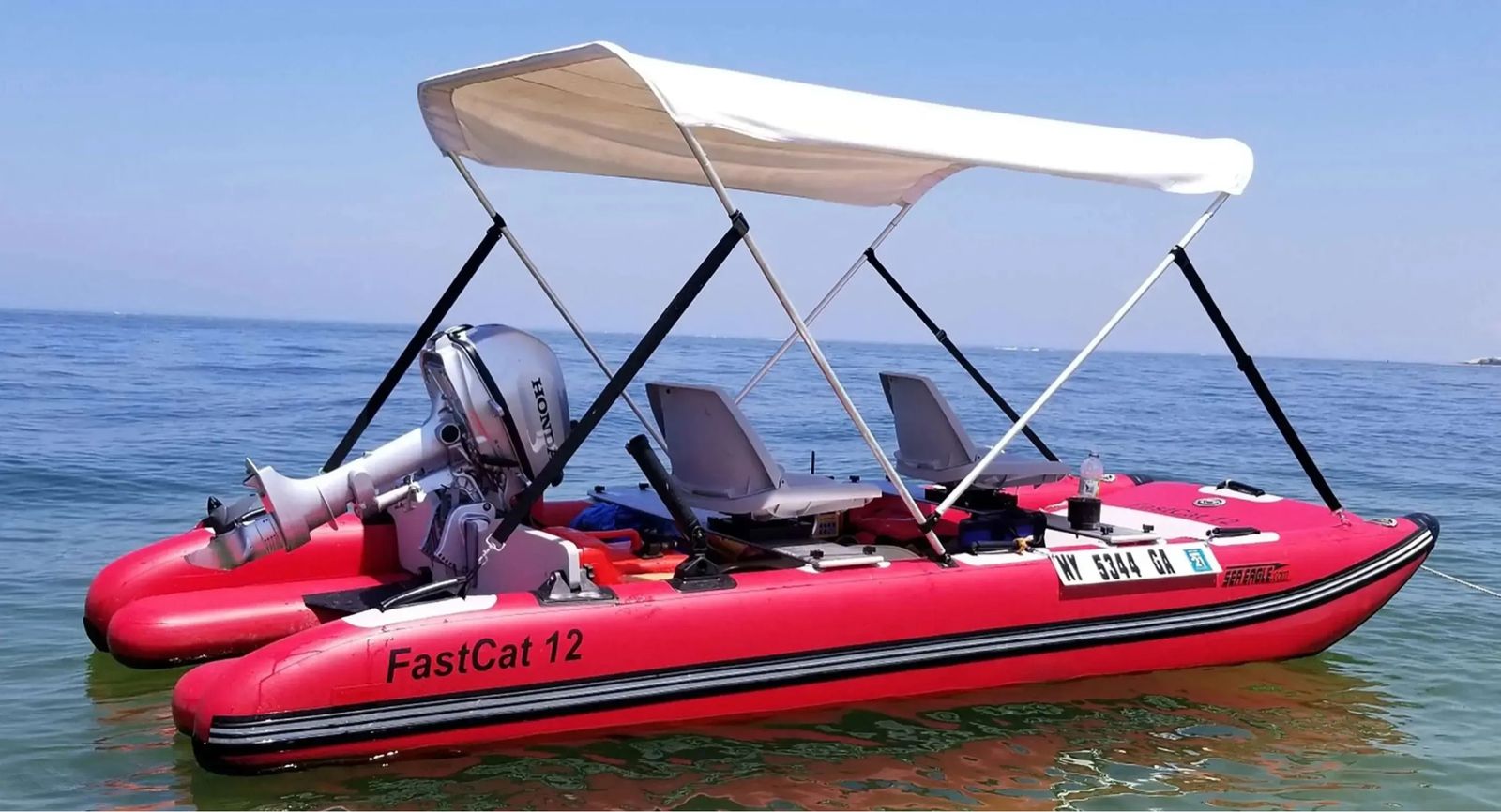 Sea Eagle FastCat 12 Inflatable Catamaran Boat with Nissan 6hp Outboard Motor