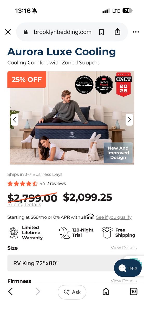 Brooklyn Bedding Aurora Luxe Cooling Mattress - RV King 72"x80"