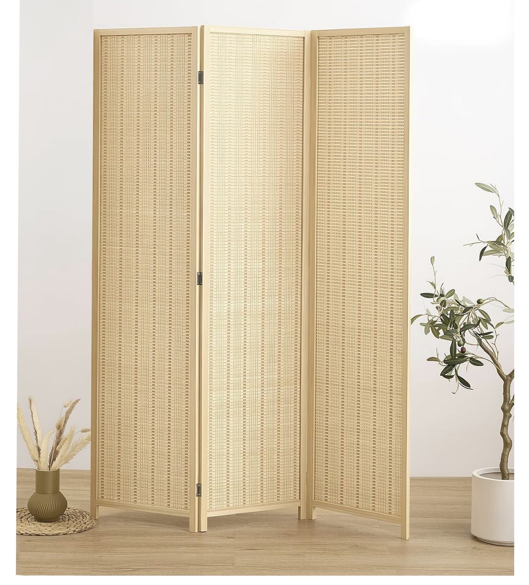 Legacy Decor 3 Panel Room Divider Natural Color Wood and Bamboo Weave 72" Tall