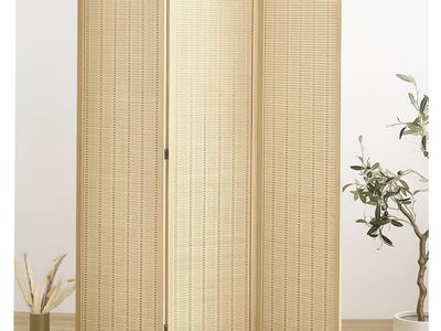 Legacy Decor 3 Panel Room Divider Natural Color Wood and Bamboo Weave 72" Tall
