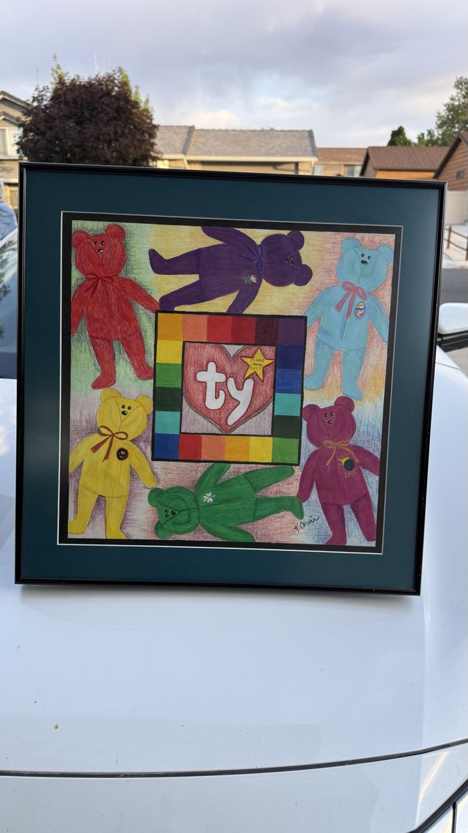 CUSTOM TY BEANIE BABY COLORED PENCIL ORIGINAL IN METAL FRAME W/NON-REFLECTIVE GLASS