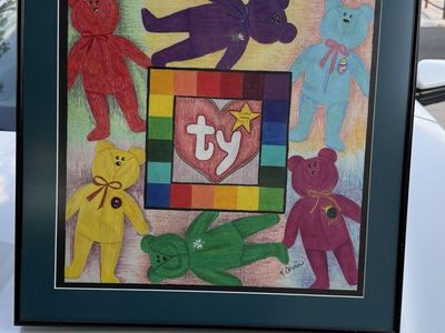 CUSTOM TY BEANIE BABY COLORED PENCIL ORIGINAL IN METAL FRAME W/NON-REFLECTIVE GLASS