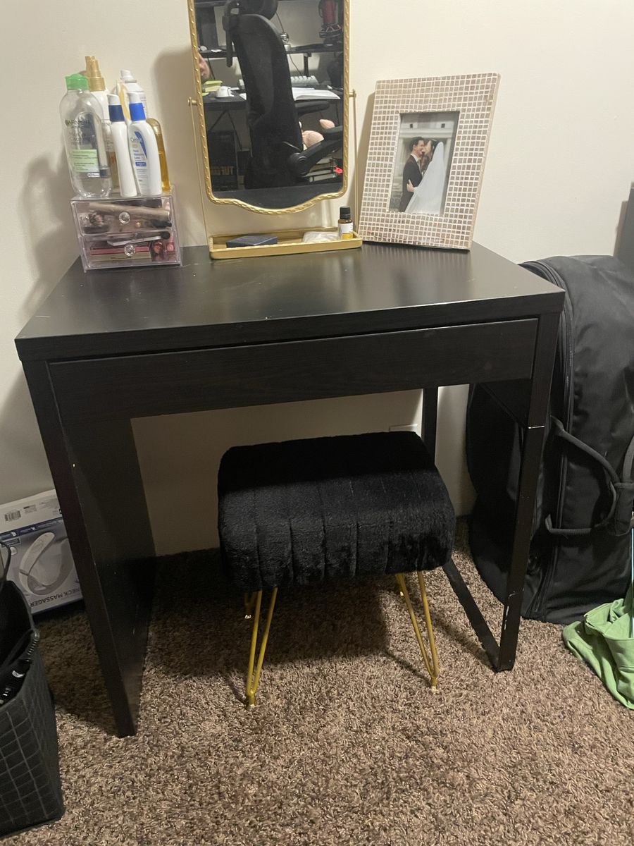 Black Vanity Desk with Drawer & Gold Leg Stool - UsedGood Condition