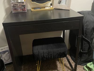 Black Vanity Desk with Drawer & Gold Leg Stool - UsedGood Condition