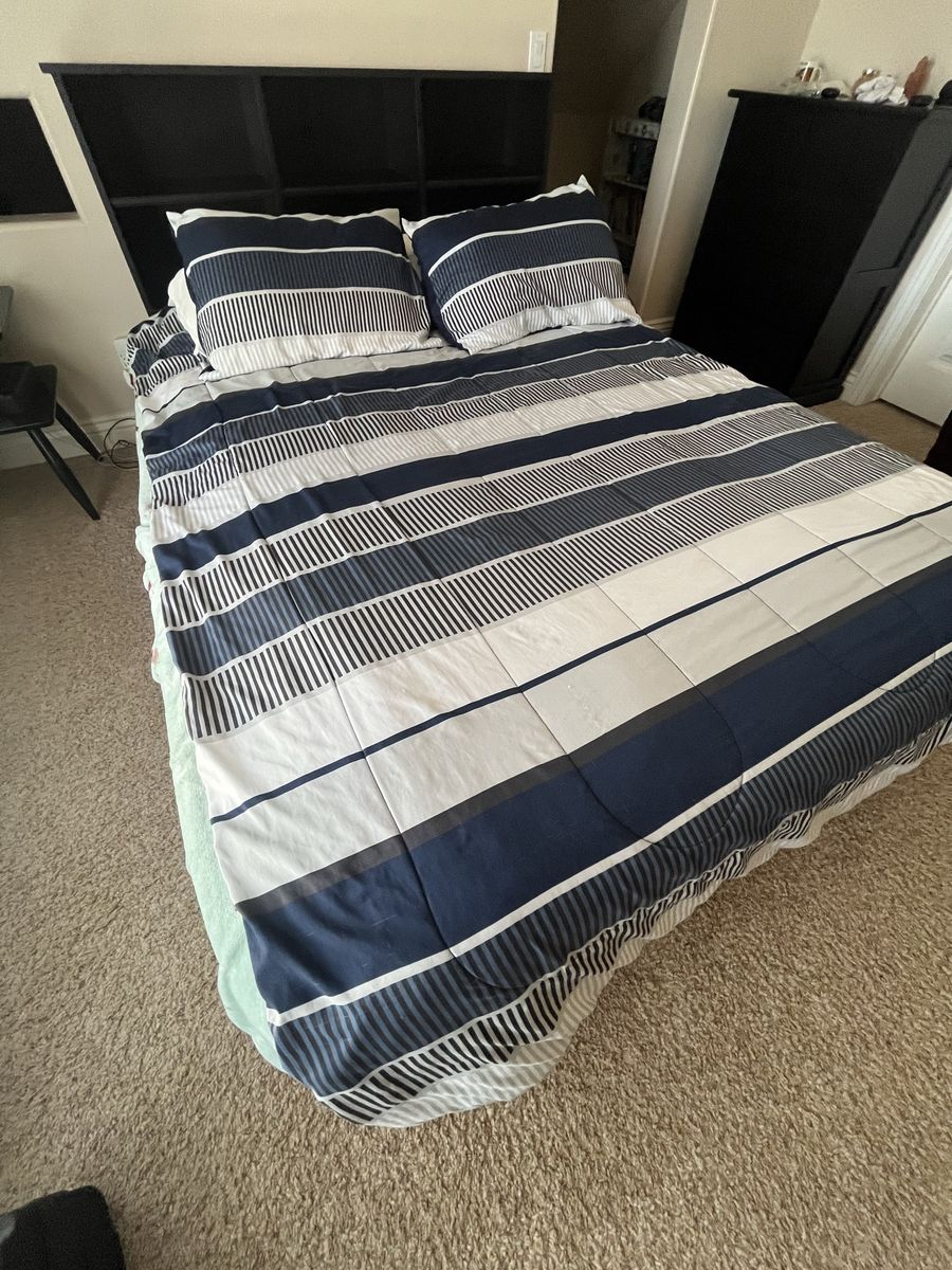 Black custom built, full-size bed, mattress, headboard