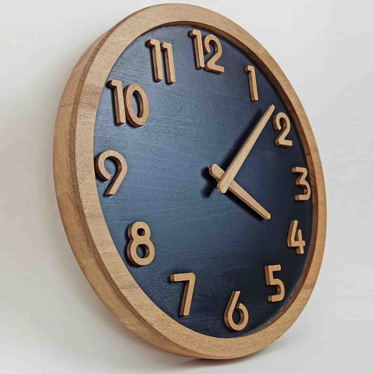 Modern Wood & Black Wall Clock - Minimalist 3D Numerals, Silent Sweep