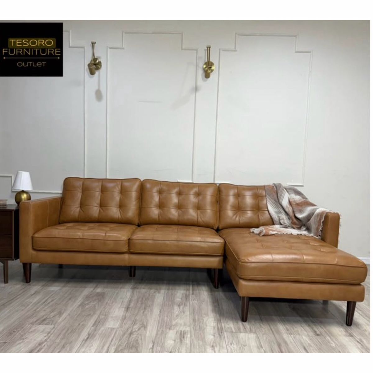 HARSTINE CAMEL LEATHER SECTIONAL WE OFFER DELIVERY