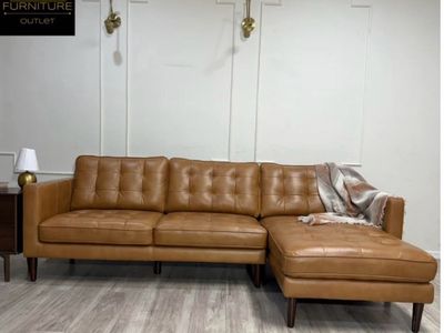 HARSTINE CAMEL LEATHER SECTIONAL WE OFFER DELIVERY