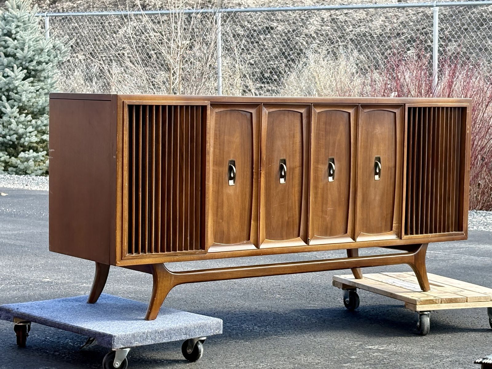Vintage Mid Century Modern stereo consoles, record player, radio, entertainment credenzas MCM audio