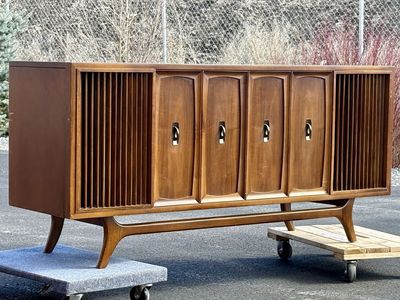 Vintage Mid Century Modern stereo consoles, record player, radio, entertainment credenzas MCM audio