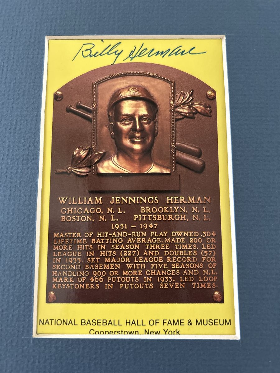Hand Signed Billy Herman Autograph Hall of Fame Yellow Plaque Card & 1932 Chicago Cubs Photo Baseball Card Matted for Display 