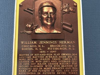 Hand Signed Billy Herman Autograph Hall of Fame Yellow Plaque Card & 1932 Chicago Cubs Photo Baseball Card Matted for Display
