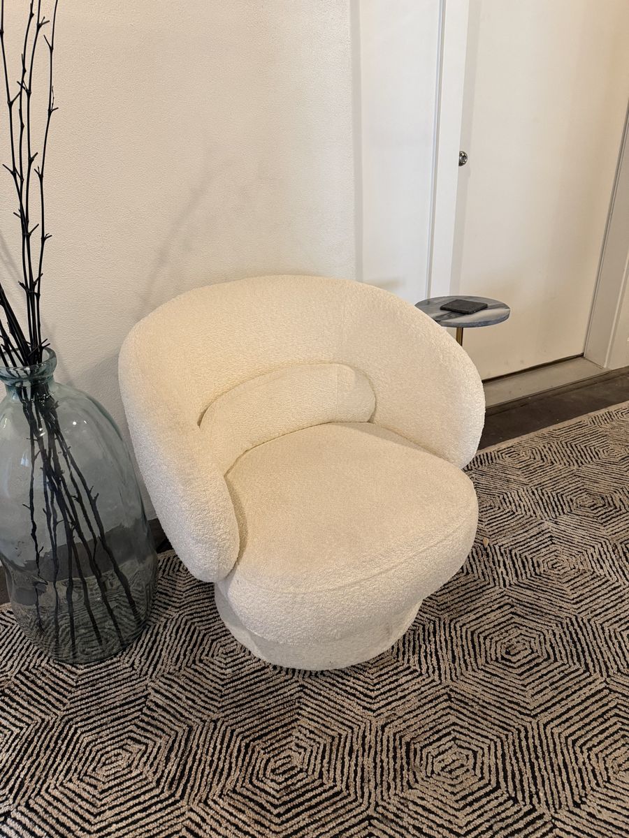 Cream Boucle Swivel Barrel Chair