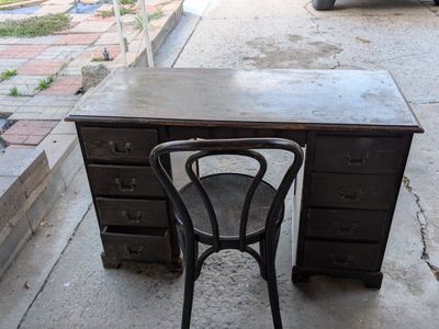 Vintage Wooden Desk with 7 Drawers - Dark Wood Finish, Antique Style