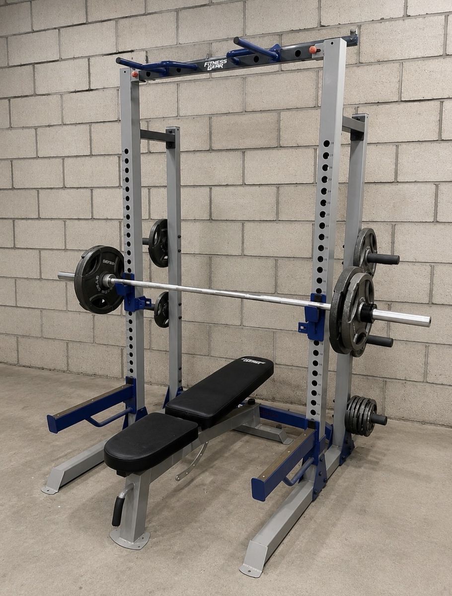Fitness Gear Pro HR 600 Half Rack with Bench, Barbell, and Weight Plates (300#) - Home Gym Setup (weights included)