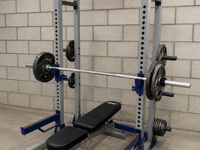 Fitness Gear Pro HR 600 Half Rack with Bench, Barbell, and Weight Plates (300#) - Home Gym Setup (weights included)