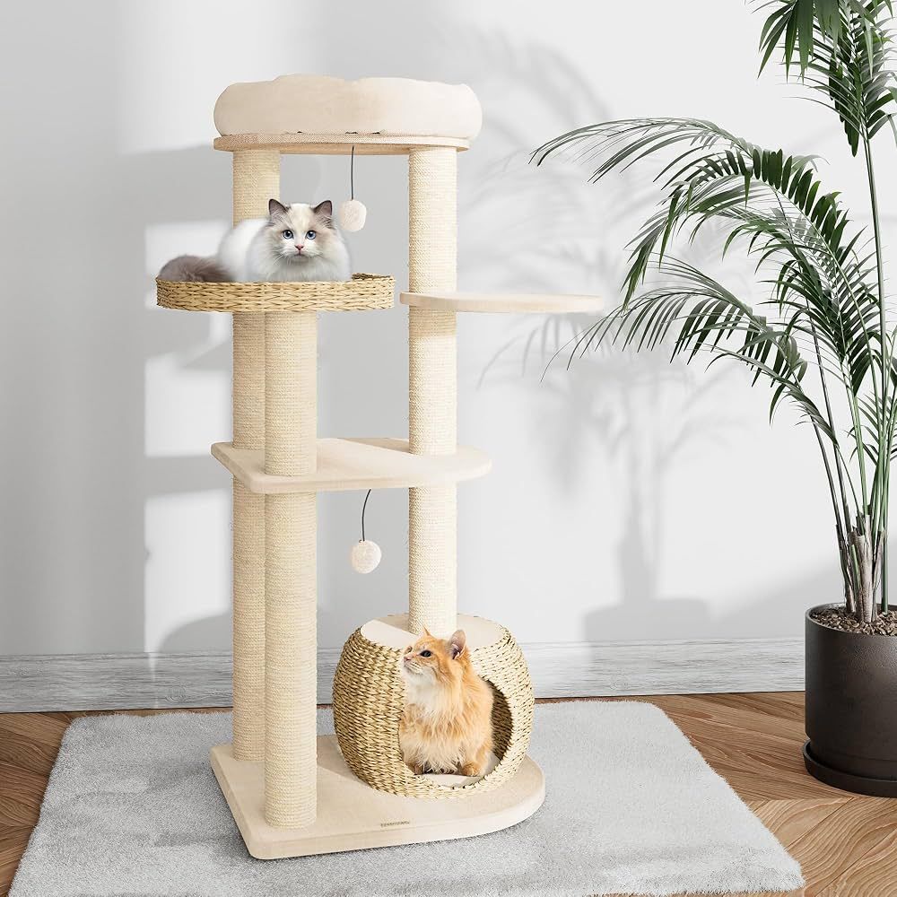 Modern Cat Tree, 53" Tall Cat Trees for Indoor Cats w/Natural Sisal Scratching Posts