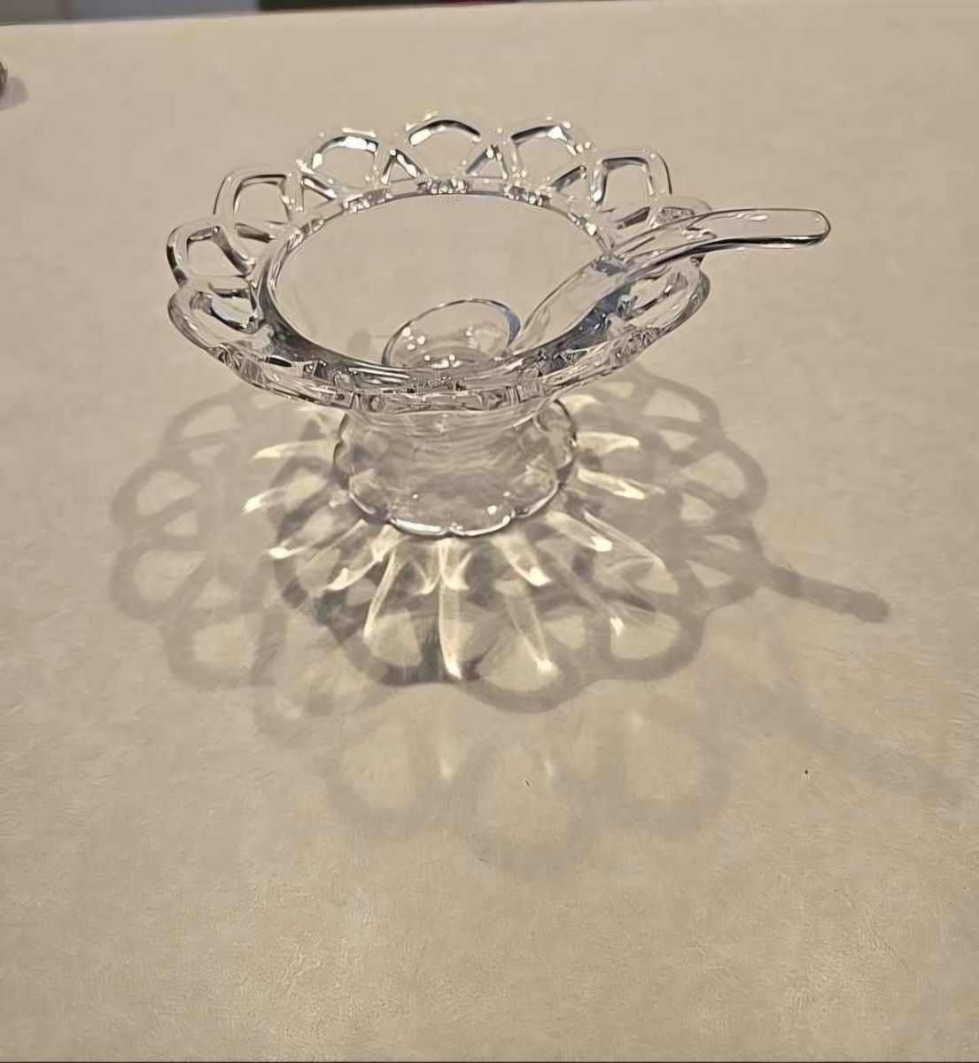 VTG Clear Glass Sauce Bowl With Spoon Lace Crystal