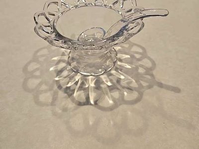 VTG Clear Glass Sauce Bowl With Spoon Lace Crystal