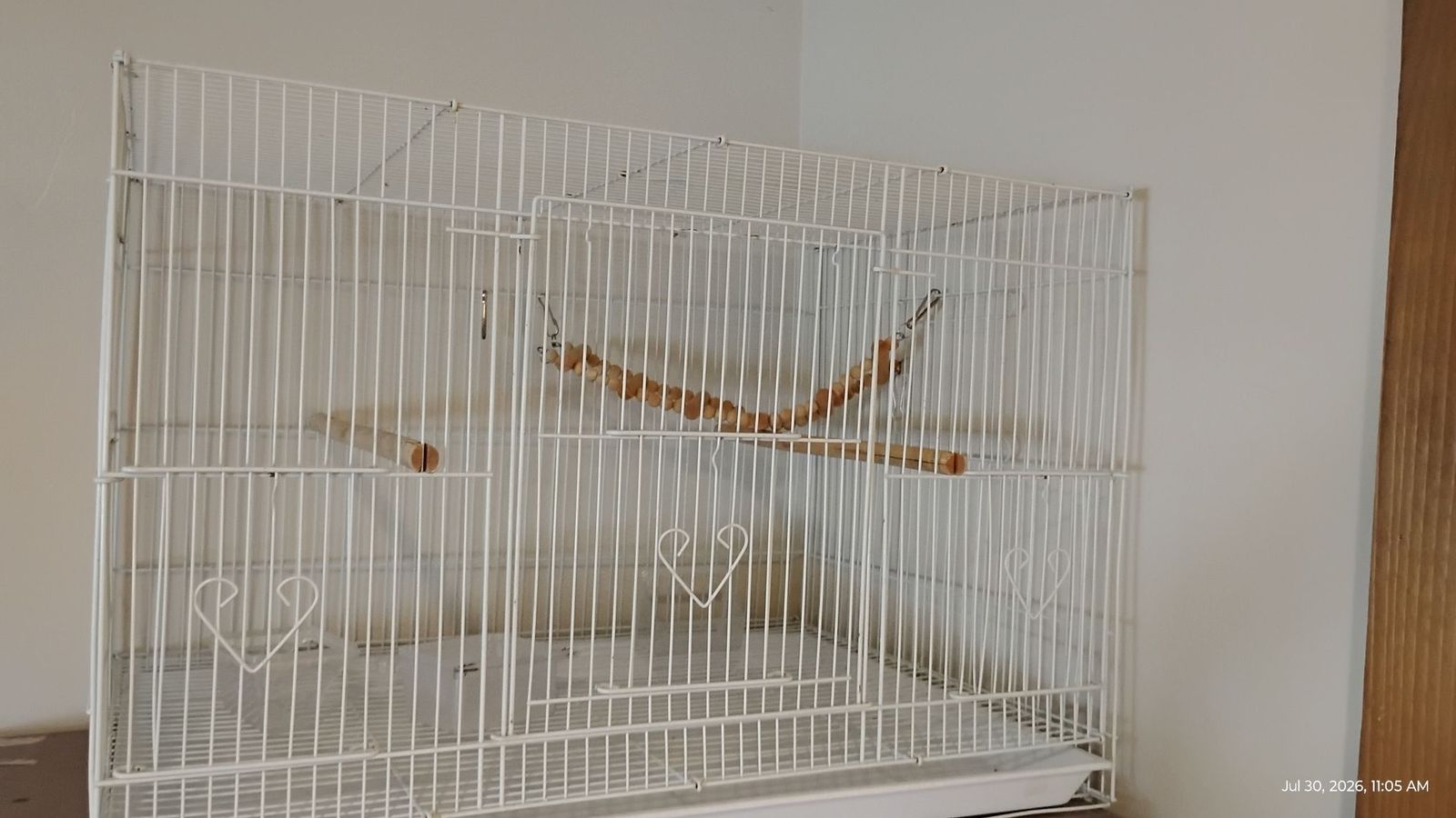 Large White Metal Bird Cage with Perches & Accessories - Used