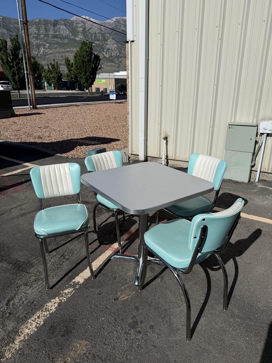 Retro Teal and White Diner Style Kitchen Table with 4 Chrome Chairs - Vintage Look Dining Set 16 sets available.