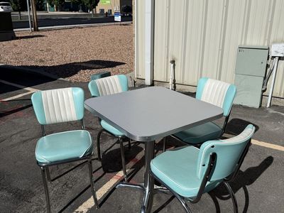 Retro Teal and White Diner Style Kitchen Table with 4 Chrome Chairs - Vintage Look Dining Set 16 sets available.