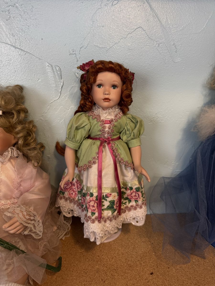 Vintage Porcelain Doll 16" Green & Floral Dress Red Hair Freckles Display Collectible