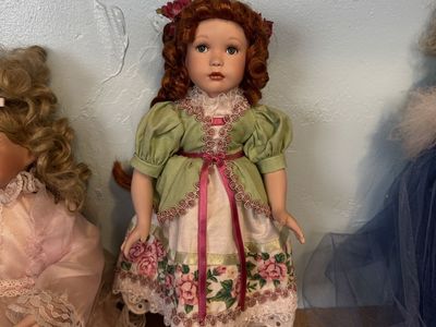 Vintage Porcelain Doll 16" Green & Floral Dress Red Hair Freckles Display Collectible