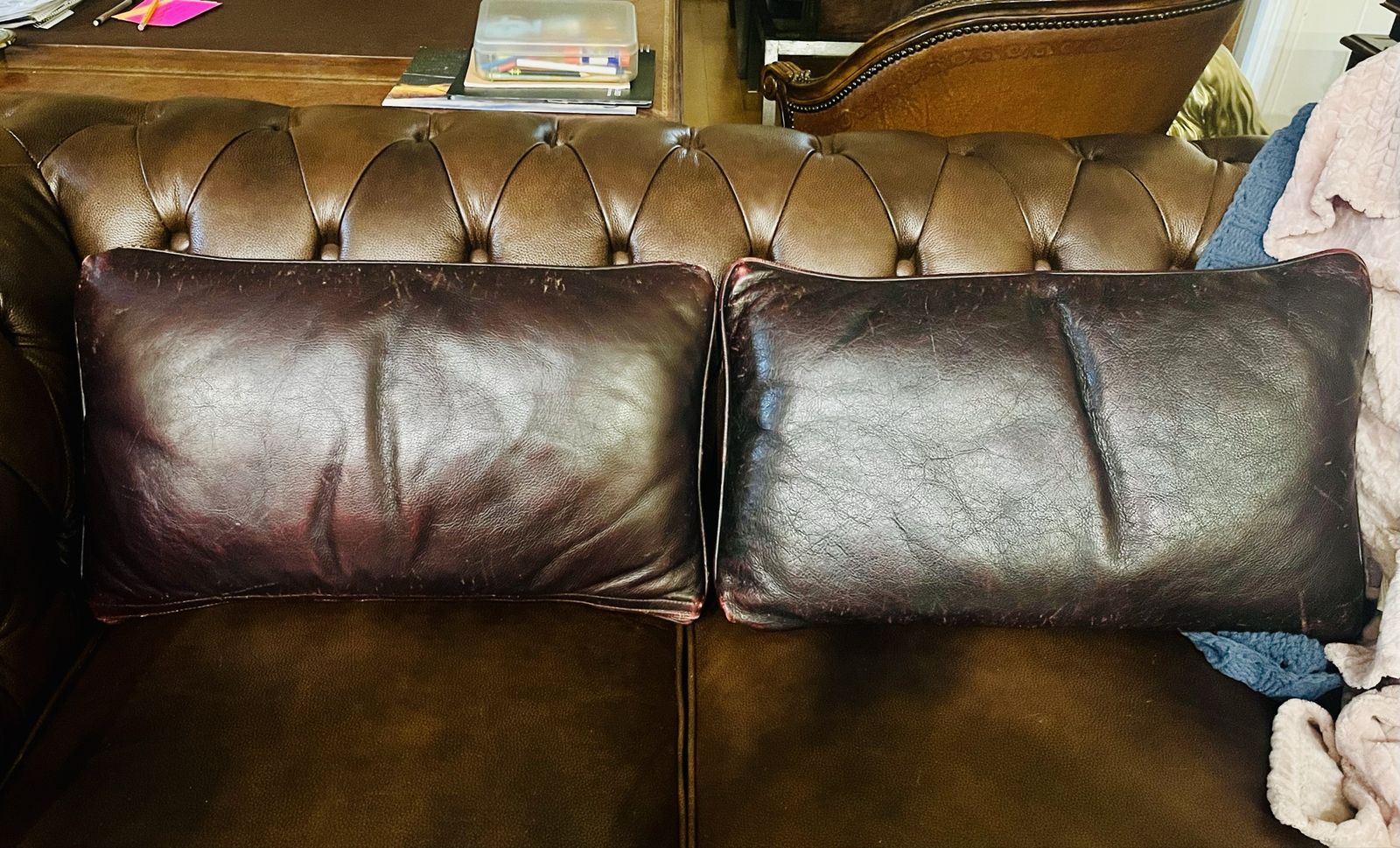 2 MATCHING LEATHER CUSHIONS ERNEST HEMINGWAY THE BULL by THOMASVILLE
